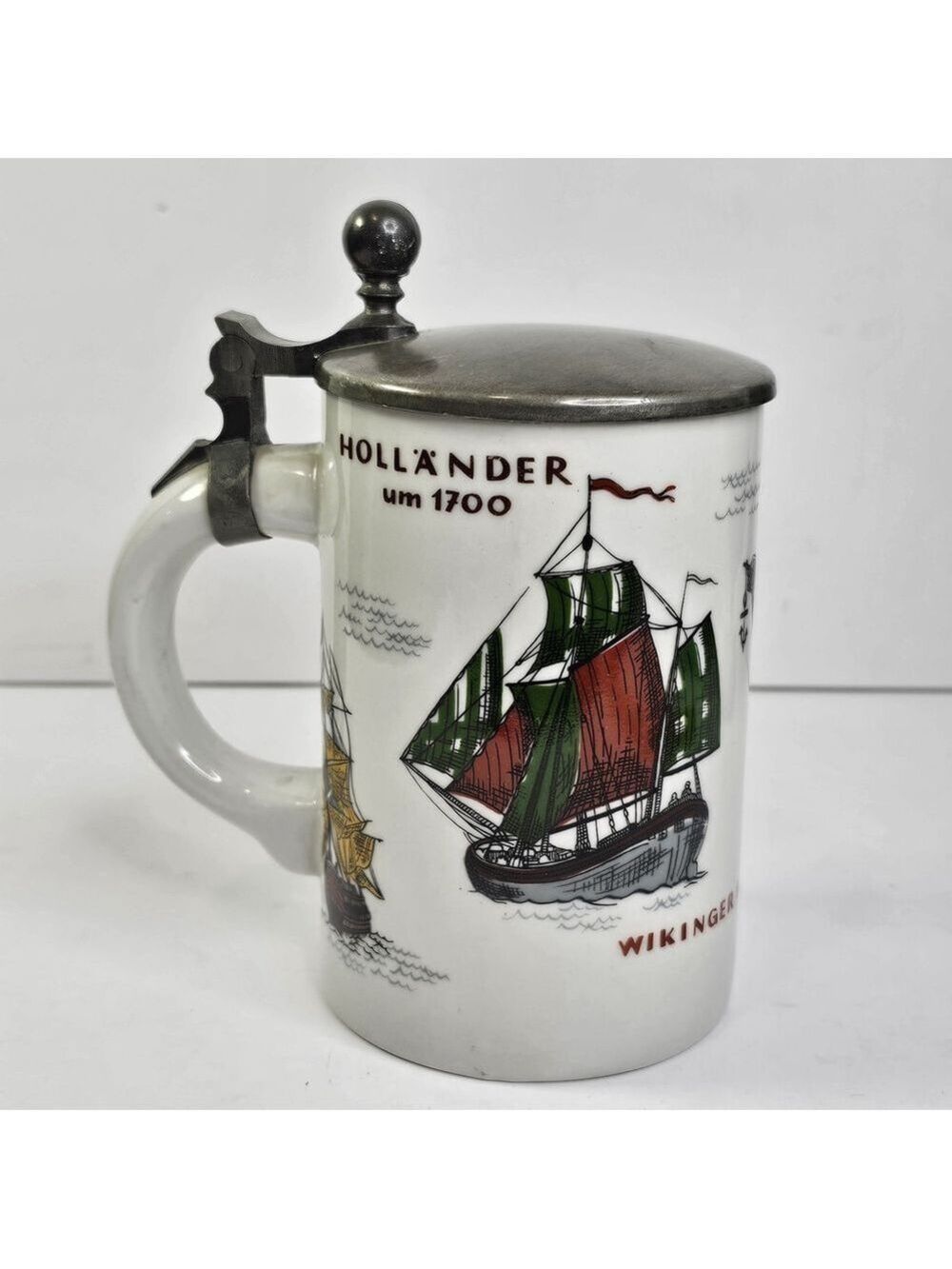 Vintage Dresden German Lidded Beer Stein Nautical Ships Hollander Kogge Wikinger